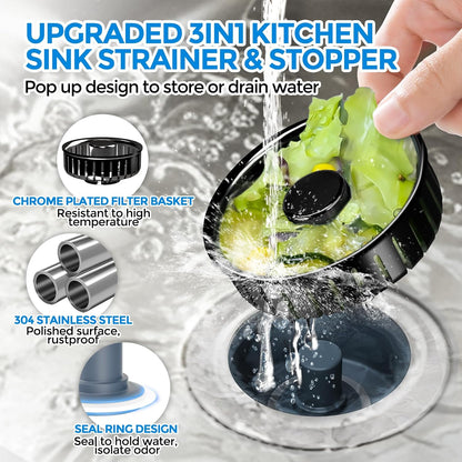 Sink Drain Strainer - Sink Stopper Kitchen Drain, 3 in 1 Kitchen Sink Drain Strainer with Anti-Clogging Basket, Kitchen Gadgets Clearance Sink Accessories, Fit US Standard 3-1/2'' Sink Hole, Silver