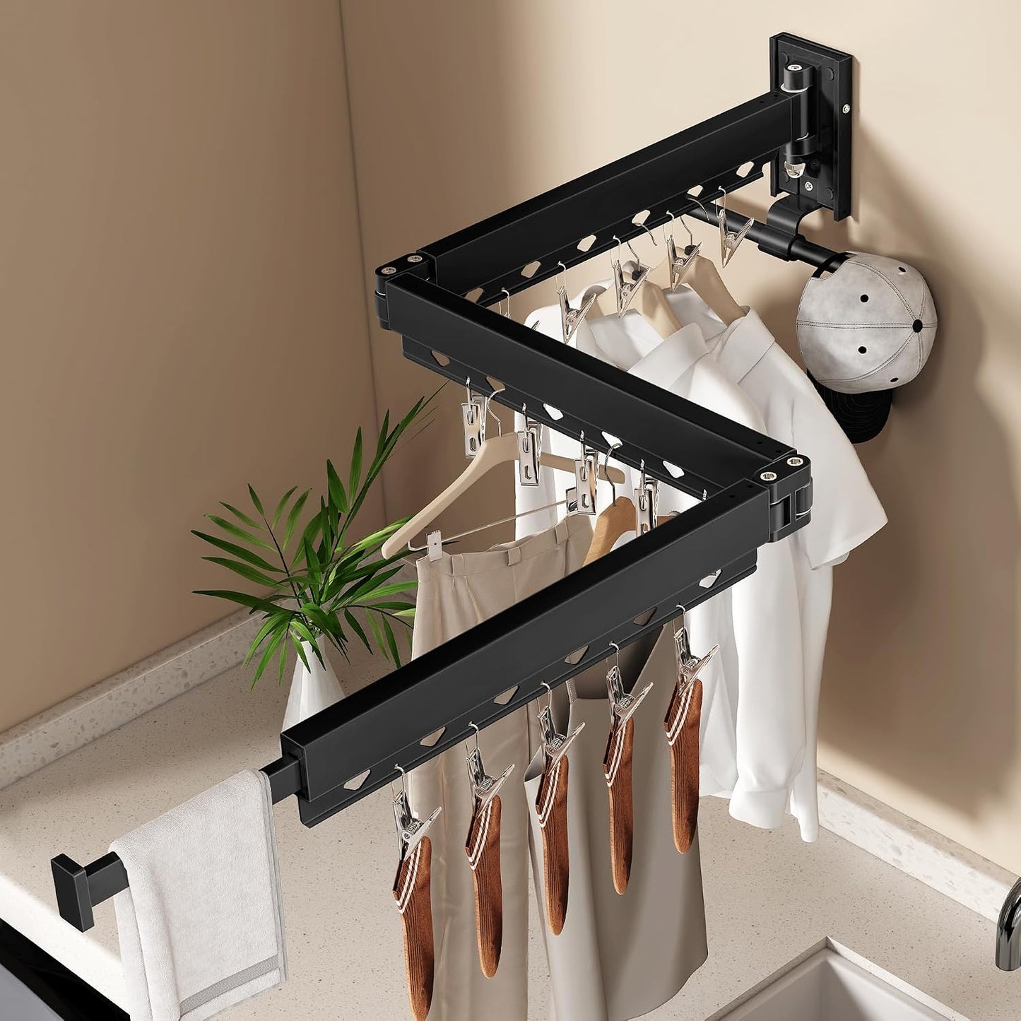 Wall Mounted Tri-Fold Clothes Drying Rack, Heavy Duty Collapsible Laundry Drying Rack, Space-Saving Retractable Foldable Drying Rack Clothes for Laundry Room Balcony Bathroom,Black-Hooks