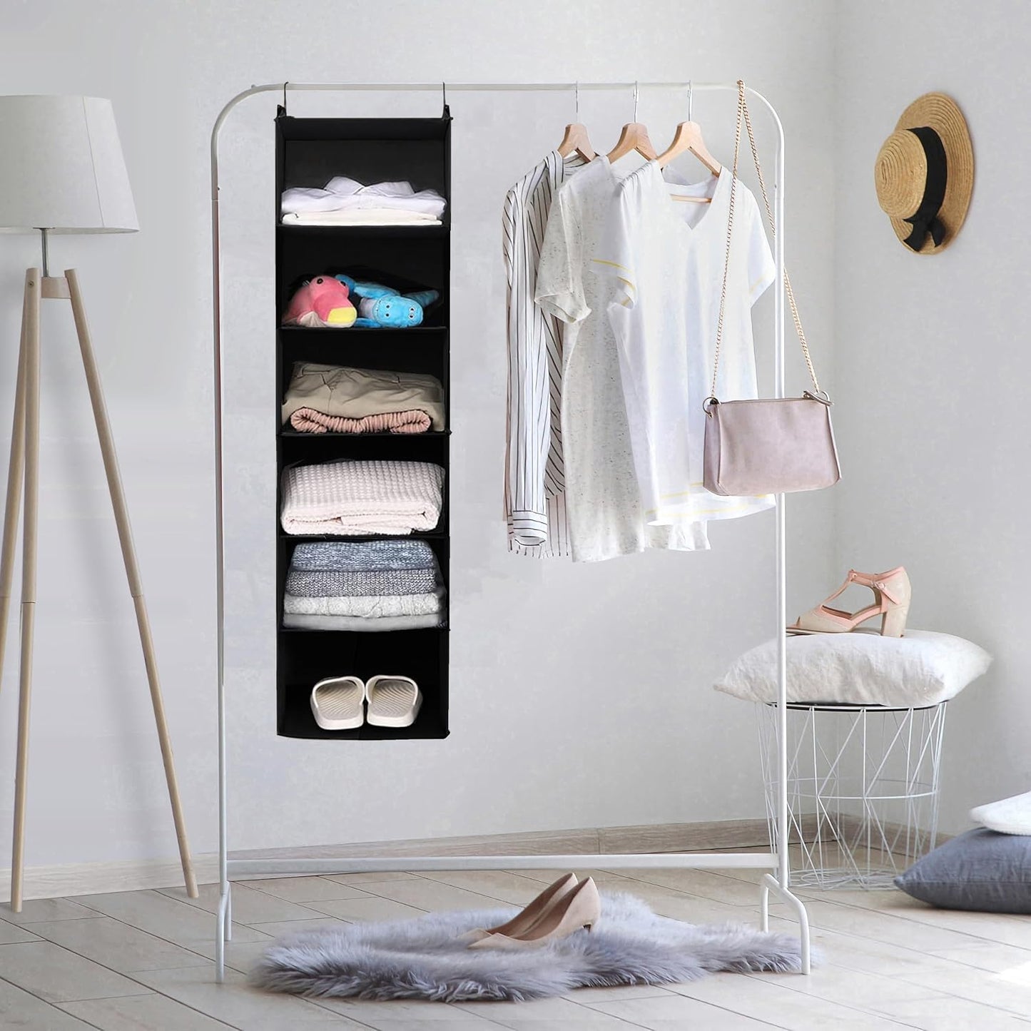 MAX Houser 6 Tier Shelf Hanging Closet Organizer, Closet Hanging Shelf with 2 Sturdy Hooks for Storage, Foldable (Grey)