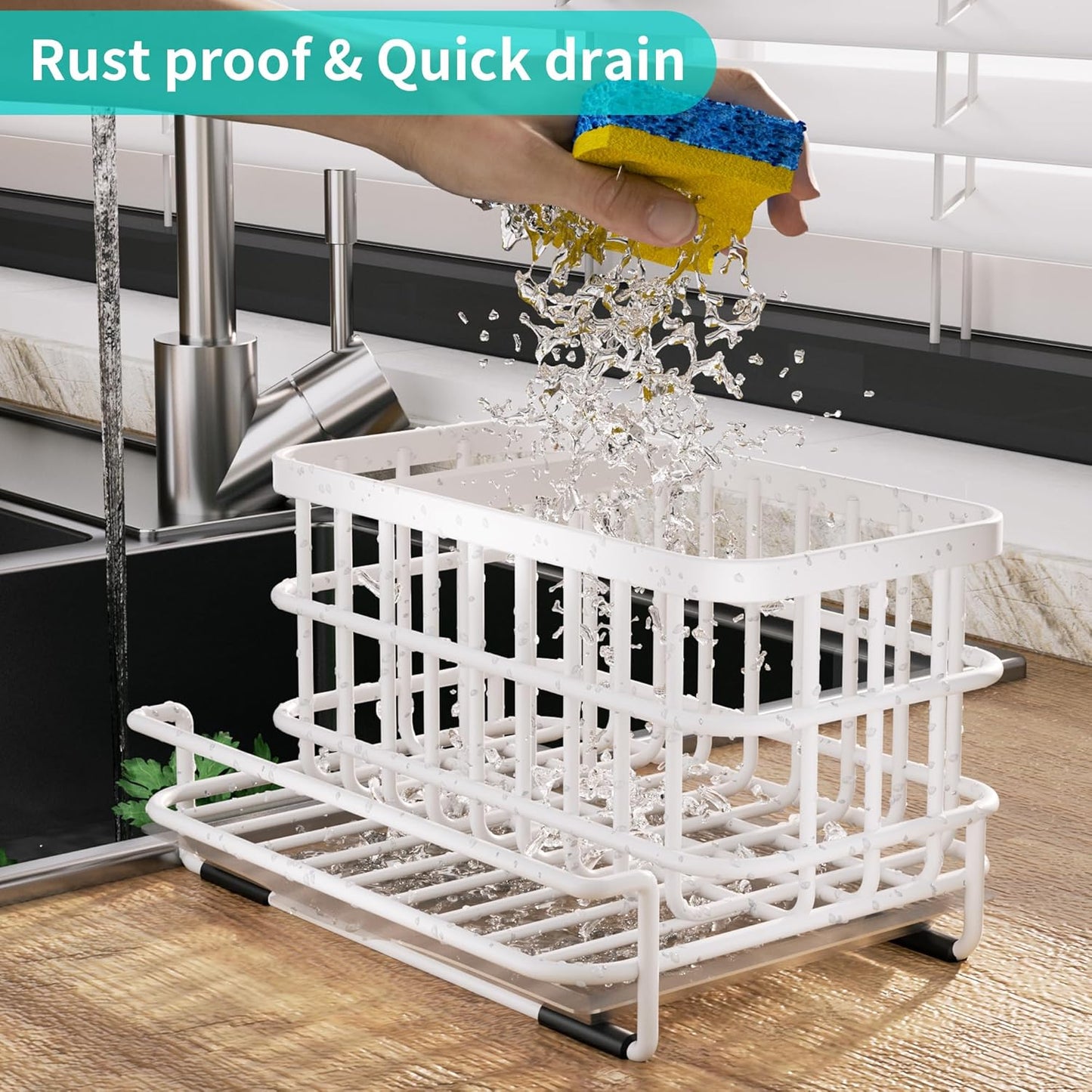 HapiRm Kitchen Sink Organizer, SUS304 Stainless Steel Rustproof Multifunctional Large Sink Caddy with Sponge Holder and Drain Tray for Kitchen Countertop (Silver)