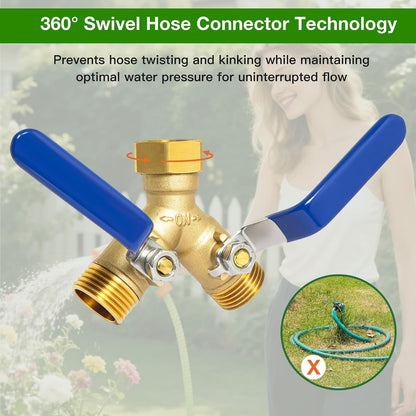 360° Swivel Garden Hose Splitter 2 Way, Solid Brass Water Hose Splitter with Dual Shutoff Valves, 3/4" GHT Thread Leak-Proof Hose Connector for Outdoor Faucet Lawn, Irrigation & Washing