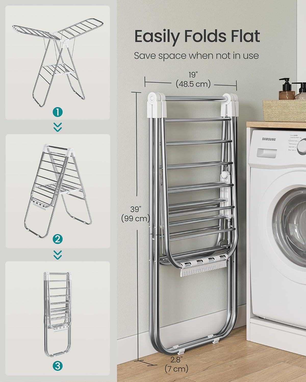 SONGMICS Clothes Drying Rack, Foldable Laundry Drying Rack, Blue | Sock Clips, Metal Clothes Airer with Height-Adjustable Gullwings, Space-Saving, Indoor Outdoor, ULLR505EQ01