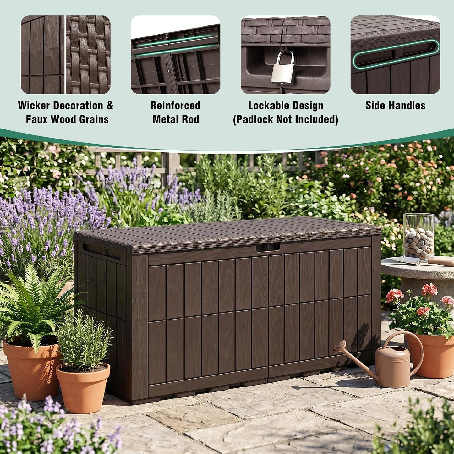Tangkula 25 Gallon Waterproof Outdoor Storage Box with Lockable Lid | PP Resin, Wicker Patterned, Indoor Outdoor Use, Portable, Versatility, for Deck, Pool, Patio Cushions, Garden Tools