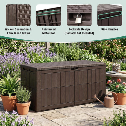 Tangkula 25 Gallon Waterproof Outdoor Storage Box with Lockable Lid | PP Resin, Wicker Patterned, Indoor Outdoor Use, Portable, Versatility, for Deck, Pool, Patio Cushions, Garden Tools