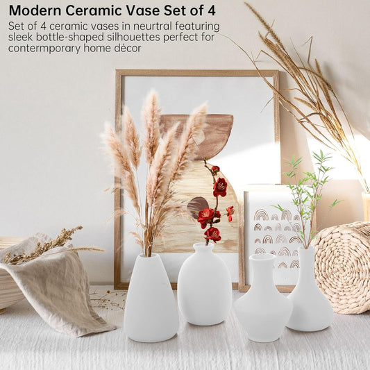 White Ceramic Vase Set of 4, Small Decorative Vases for Pampas Decor | Modern ceramic vase set for pampas grass, dried flowers and stylish farmhouse, boho or minimalist home decor.