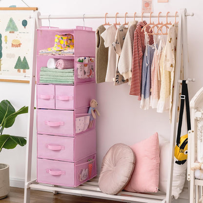 GRANNY SAYS Hanging Closet Organizer 6 Shelves, Closet Organizers and Storage with 5 Drawers, 6 Side Pockets Closet Hanging Organizer, Hanging Storage Organizer for Closet, Baby Clothes, Gray