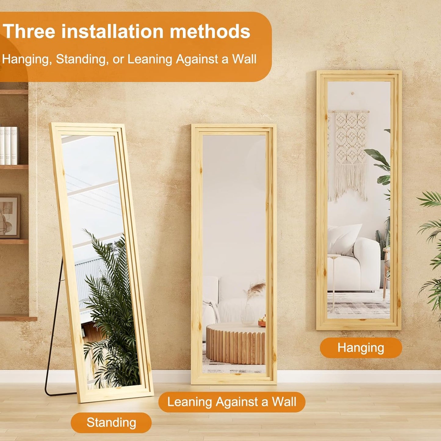ZHUNFA Full Length Mirror, 71x32 Inch Full Length Mirror Wall Mounted | Vertical Hanging, Leaning Standing for Bedroom, Living Room, Rectangular Wooden Frame, Log Color.