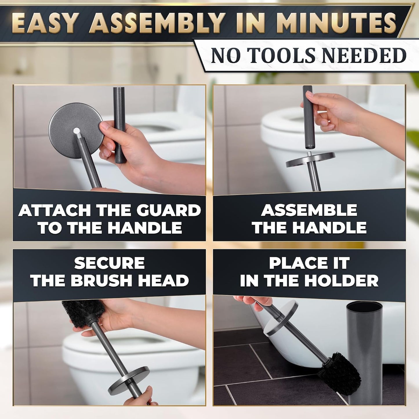 Black Toilet Brush and Holder Set - Slim Matte Design that Fits Anywhere - Stainless Steel Toilet Bowl Brush and Holder with 2 Rounded Corners, Replaceable Head, Removable Inner Bowl & Splash Guard