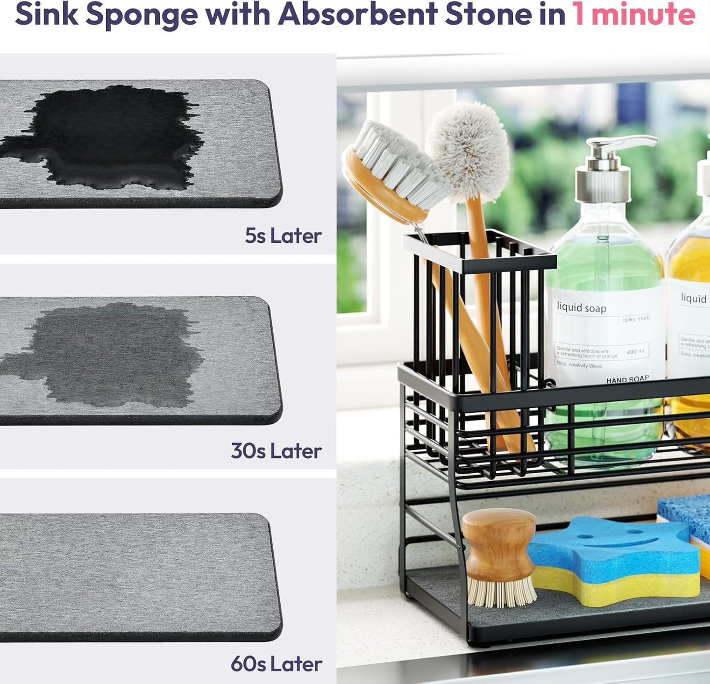 SWTYMIKI Sponge Holder for Kitchen Sink - Sink Caddy with Brush Holder and Stainless Steel Self Drain Tray, Sponge Caddy Organizer with Divider Kitchen Accessories Storage for Countertop, Black
