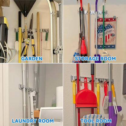 reliahom Broom Holder Wall Mount Mop Hanger Tools organizer 4Racks 5Hooks | Adjustable Mop Broom Wall Hanging Heavy duty Tools Storage Rack Space-saving for Garage,Kitchen,Laundry Room,Garden, Silver