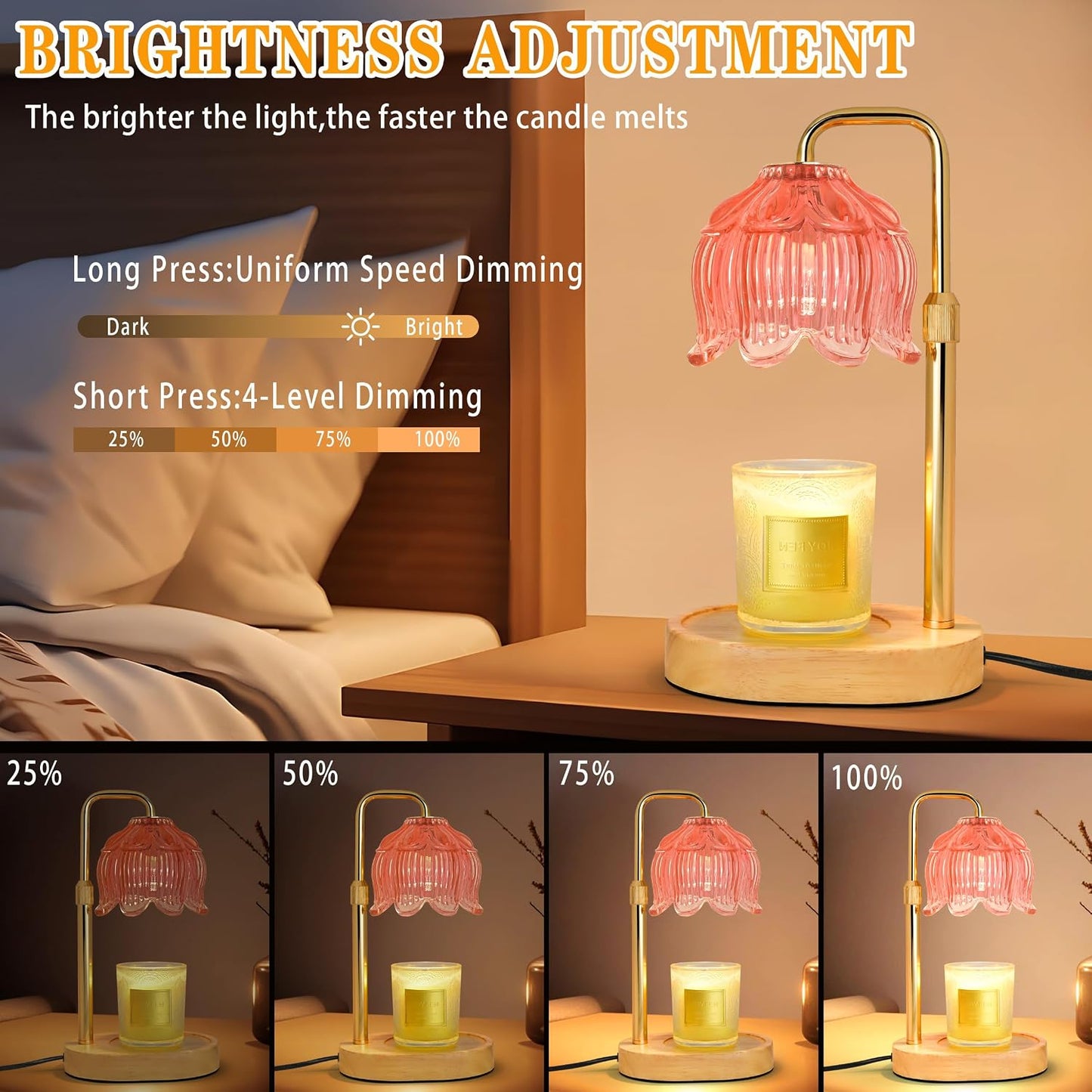 Candle Warmer Lamp with Timer Dimmer, Adjustable Height Pink Tulip Candle Wax Warmer, Christmas Birthday Gift for Mom Women,House Warming Gifts for New Home Bedroom Decor,Flower Pink