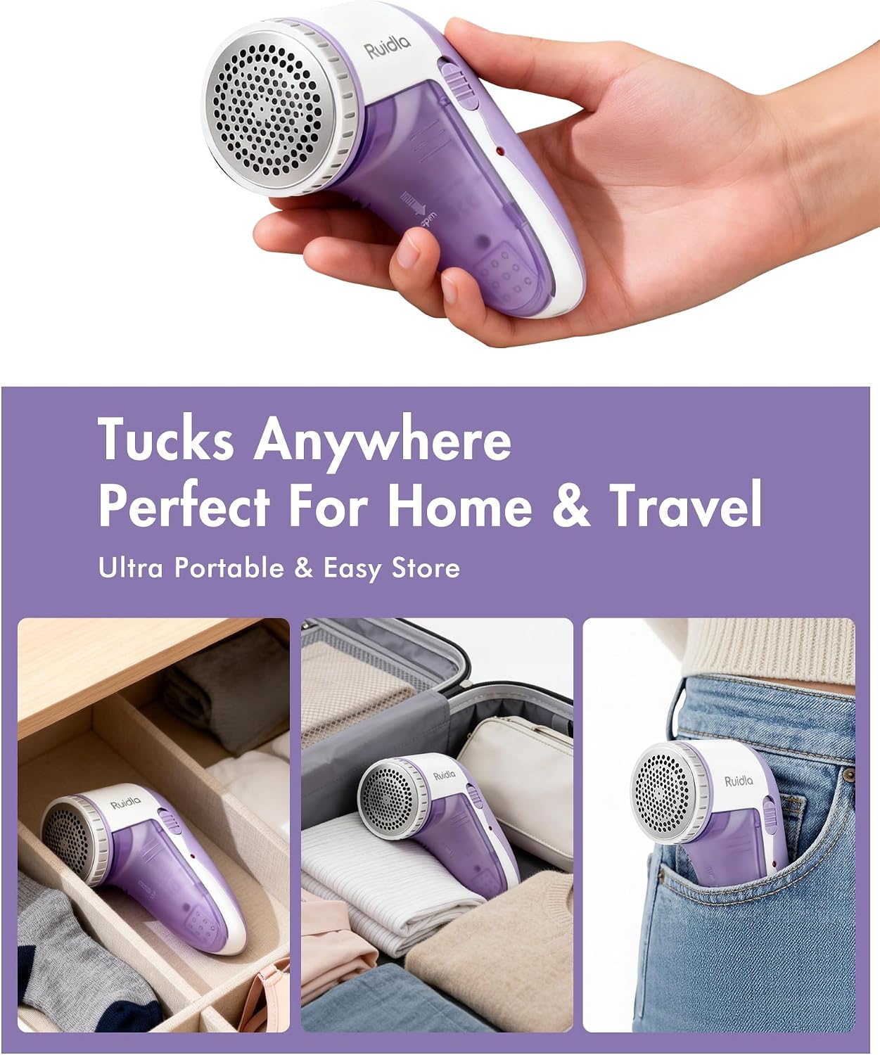 Ruidla Fabric Shaver Lint Shaver Defuzzer, Electric Lint Remover, Rechargeable Sweater Shaver with Replaceable Stainless Steel 3-Leaf Blades, Dual Protection, Removable Bin, (Micro-b Charging)