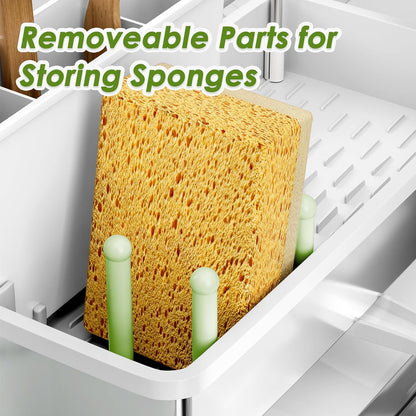 Ewaiira Stainless Steel Sink Caddy, Sponge Holder for Kitchen Sink with Brush Holder and Towel Rack, Sink Organizer for Countertop, Soap Dispenser Kitchen Organizers Storage Essentials (A-Black)