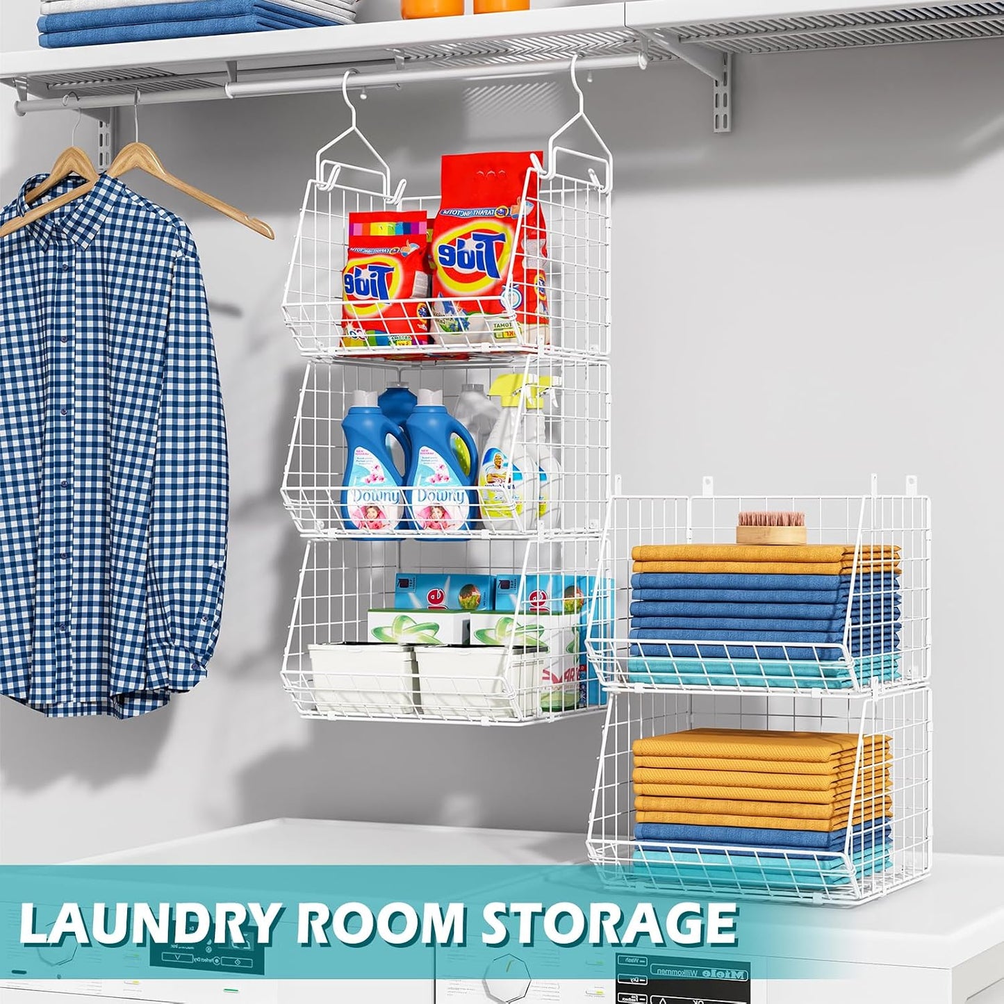 X-cosrack 5 Tier Closet Hanging Organizer, Clothes Hanging Shelves with 4 Hanging Hooks 5 S Hooks, Wire Storage Basket Bins, for Clothing Sweaters Shoes Handbags Clutches Accessories Patent Design