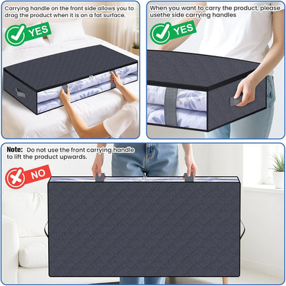 TasticTotes Under Bed Storage Containers, 4 Pack Blanket Storage Bags, Collapsible Storage Bags with Big Zippers, Clear Front, Shoe Storage and Organization for Clothes, Comforter, 60L, Grey
