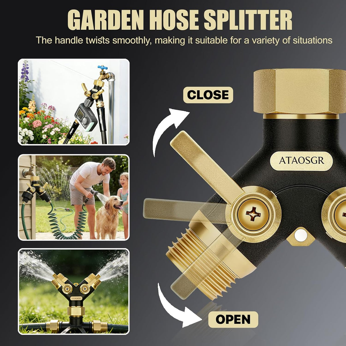Garden Hose Splitter 2 Way Heavy Duty, Metal Body Water Hose Splitter | with Shut-Off Valve,360° Brass Swivel,3/4'' GHT Connector Full Flow Hose Bib Splitter, For Outdoor Spigot Faucet