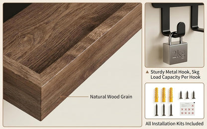 Wall Mount Key Holder with Shelf - Decorative Mail Organizer and Key Hooks for Entryway, Paulownia Wood with Mounting Hardware (9.64”W x 2.36”H x 2.75”L)