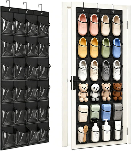Over the Door Shoe Organizer with 24 Crystal Clear Pockets and Metal Hooks – Heavy Duty Hanging Shoe Storage Rack for Closet, Bathroom, Dorm – Space Saving for Shoes, Accessories, Toys (White)