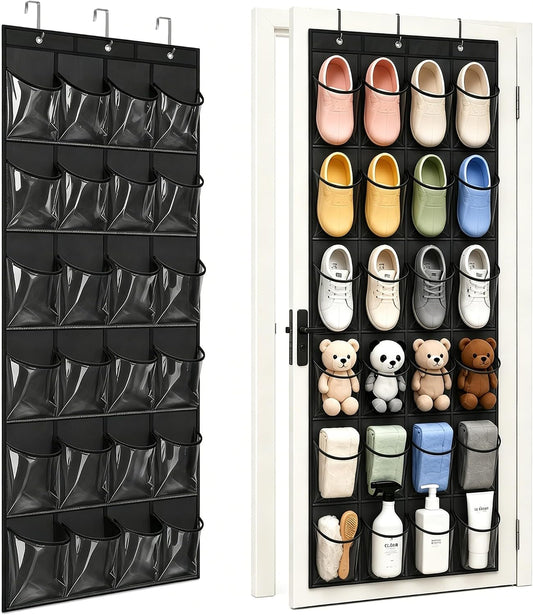 Over the Door Shoe Organizer with 24 Crystal Clear Pockets and Metal Hooks – Heavy Duty Hanging Shoe Storage Rack for Closet, Bathroom, Dorm – Space Saving for Shoes, Accessories, Toys (White)