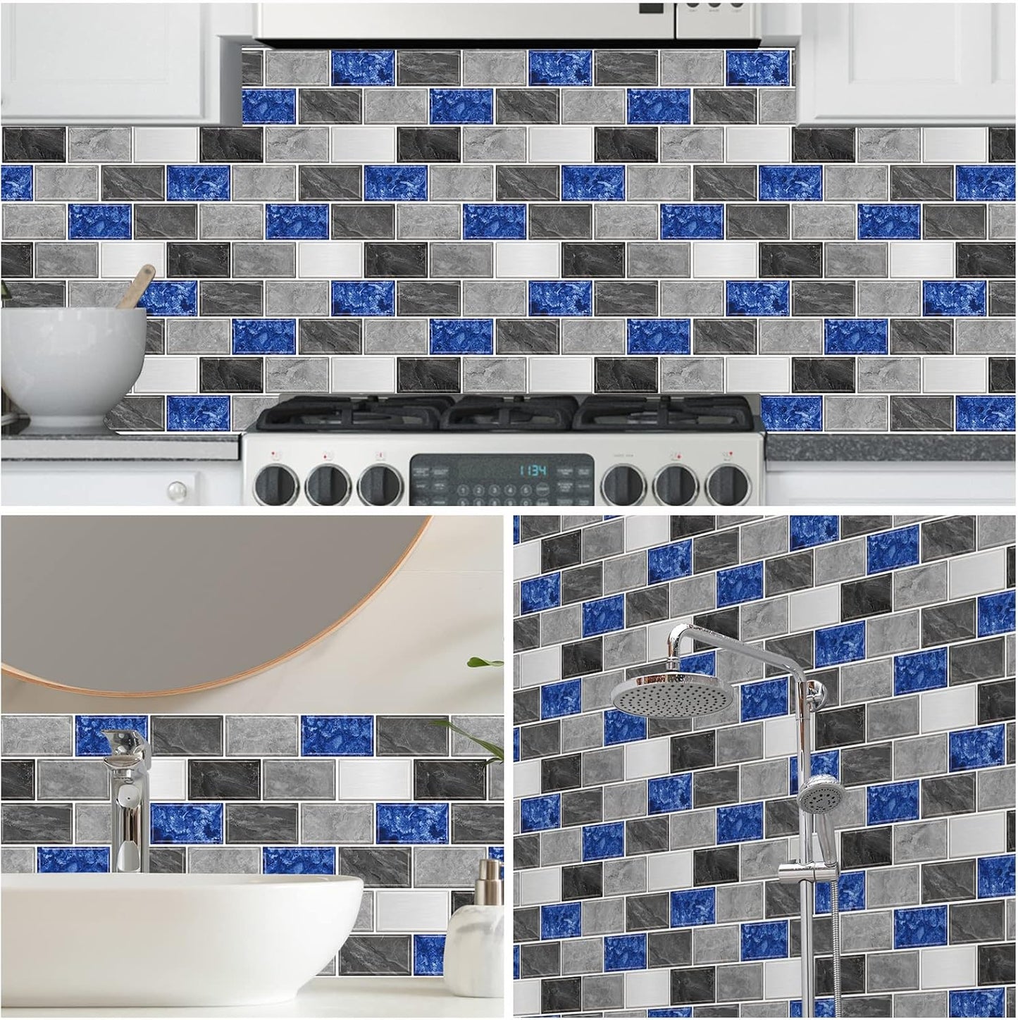 URCOLOR 10-Sheet Subway Tile Peel and Stick Backsplash for Kitchen,12"x12" Self Adhesive Wall Tiles Sticker on Back Splashes for Bathroom Gray Marble Design