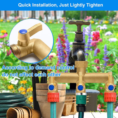 Brass Garden Hose Splitter 2-Way Heavy Duty - 3/4" GHT Threads with 2×304 Stainless Steel Handles, High Flow Design for Efficient Water Distribution
