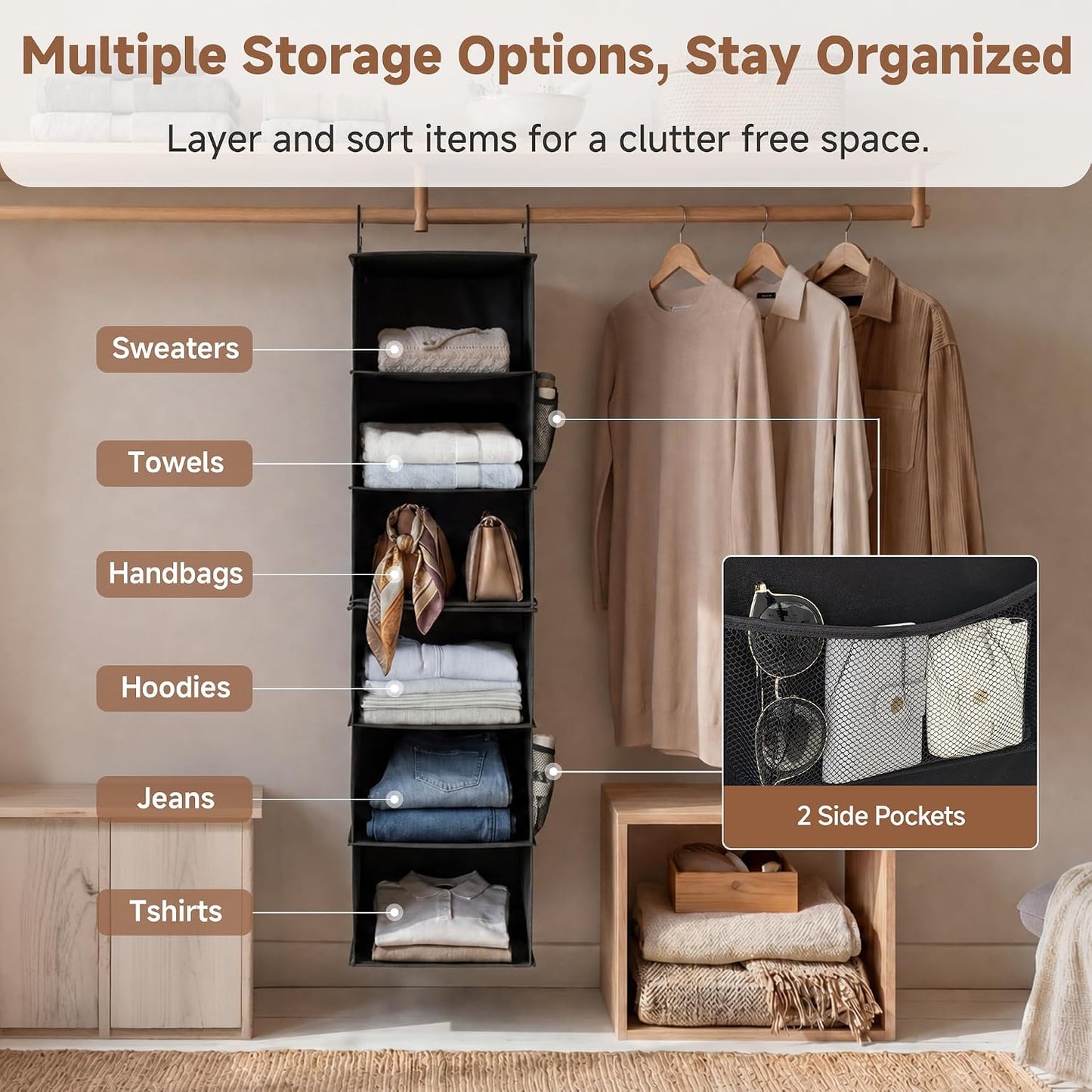StorageWorks 6-Shelf Closet Organizers, Two 3-Shelf Separable Hanging Shelves for Closet, 12 1⁄2" D x 12 1⁄2" W x 47 ¼" H, Mixing of Beige, White & Ivory