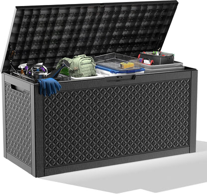 230 Gallon Large Outdoor Storage Box Waterproof, UV Resistant Resin Deck Box with Hydraulic Rod & Lockable Latch for Patio Furniture, Outside Storage Box for Garden Tools, Patio Cushions, Black