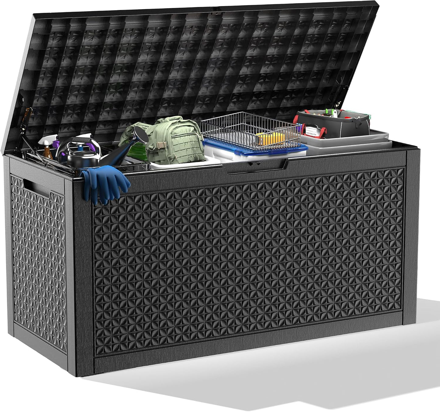 ROJIK 120 Gallon Waterproof Outdoor Deck Storage Box, Lockable Resin Patio Storage Bin with Lid for Garden Tools, Patio Cushions & Outdoor Accessories(Black)
