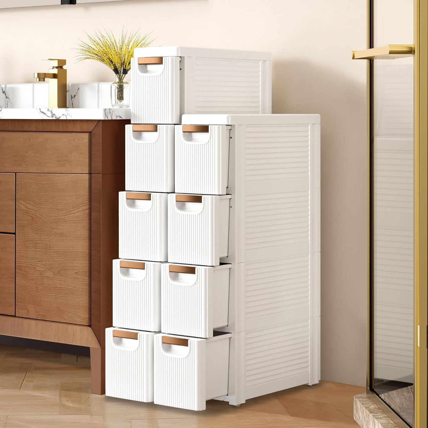 VECELO 3-Drawer Narrow Bathroom Storage Cabinet, Mobile Plastic Slim Rolling Organizer Cart with Built-in 4 Wheels for Living Room, Kitchen, Bathroom, Bedroom, Office, White(16.5" x 7.5" x 22.2")