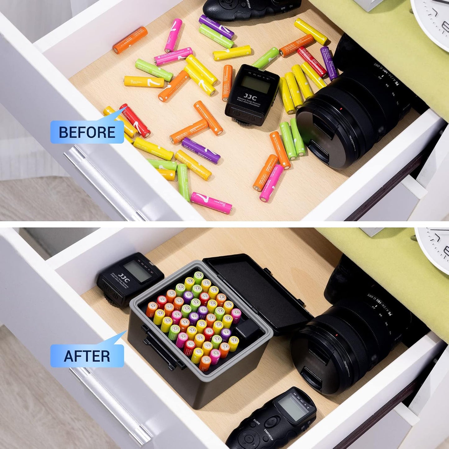 JJC AA AAA Battery Hard Case with Tester Checker, 34 Slots Battery Storage Organizer for 20 AA and 14 AAA Batteries, Water-Resistant and Shockproof Batteries Holder Container