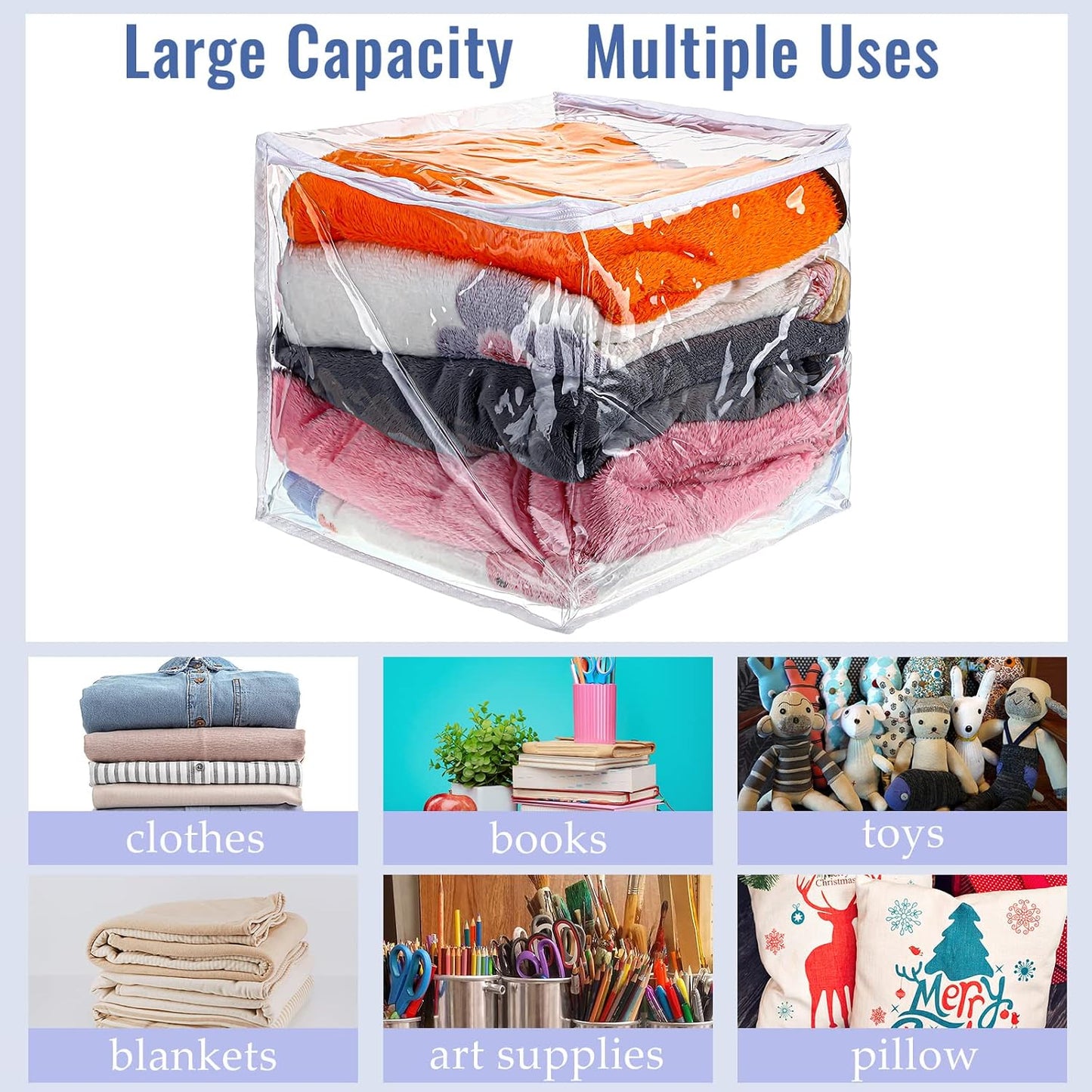 6 Packs Clear Zippered Storage Bags 24 x 20 x 11 Inch Sweater Moth Bags Vinyl Plastic Storage for Blankets Clothes Bed Sheet Organizer with Zipper for Closet Linen Sweater Clothes Comforters Pillow