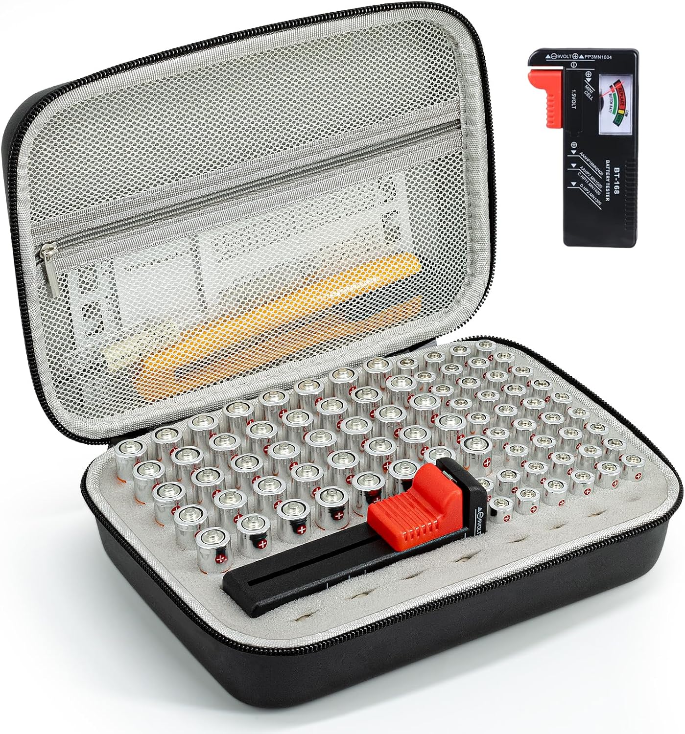 Battery Organizer Storage Case with Tester for AA AAA Button Battery Holder Carrying 3 Batteries Variety Pack 88 Batteries Zipper Mesh Bag (Batteries Not Included) (black-green)