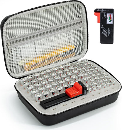 Battery Organizer Storage Case with Tester for AA AAA Button Battery Holder Carrying 3 Batteries Variety Pack 88 Batteries Zipper Mesh Bag (Batteries Not Included) (black-green)