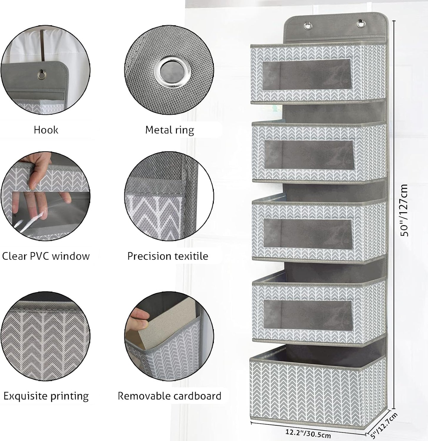 Over The Door Hanging Organizer Storage with 5 Large Pockets,Wall Mount Clear Windows and 2 Widened Metal Hooks for Pantry,Nursery,Diapers,Bathroom,Kitchen,Closet,Dorm