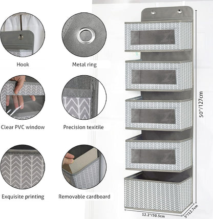 Over The Door Hanging Organizer Storage with 5 Large Pockets,Wall Mount Clear Windows and 2 Widened Metal Hooks for Pantry,Nursery,Diapers,Bathroom,Kitchen,Closet,Dorm