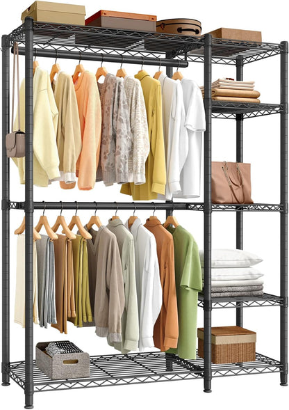 SONGMICS Heavy-Duty Clothes Rack, Garment Rack, Portable Closet, 68.7-Inch Wide Clothing Rack with Adjustable Mesh Shelves and Hanging Rails, Ink Black ULGR433B01