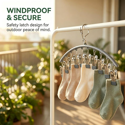 Stainless Steel Sock Drying Rack with 10 Clips 3-Pack, Windproof Laundry Hanger with Non-Slip Clips, Space Saving for Underwear Bras Socks Indoor Outdoor Use (Green)