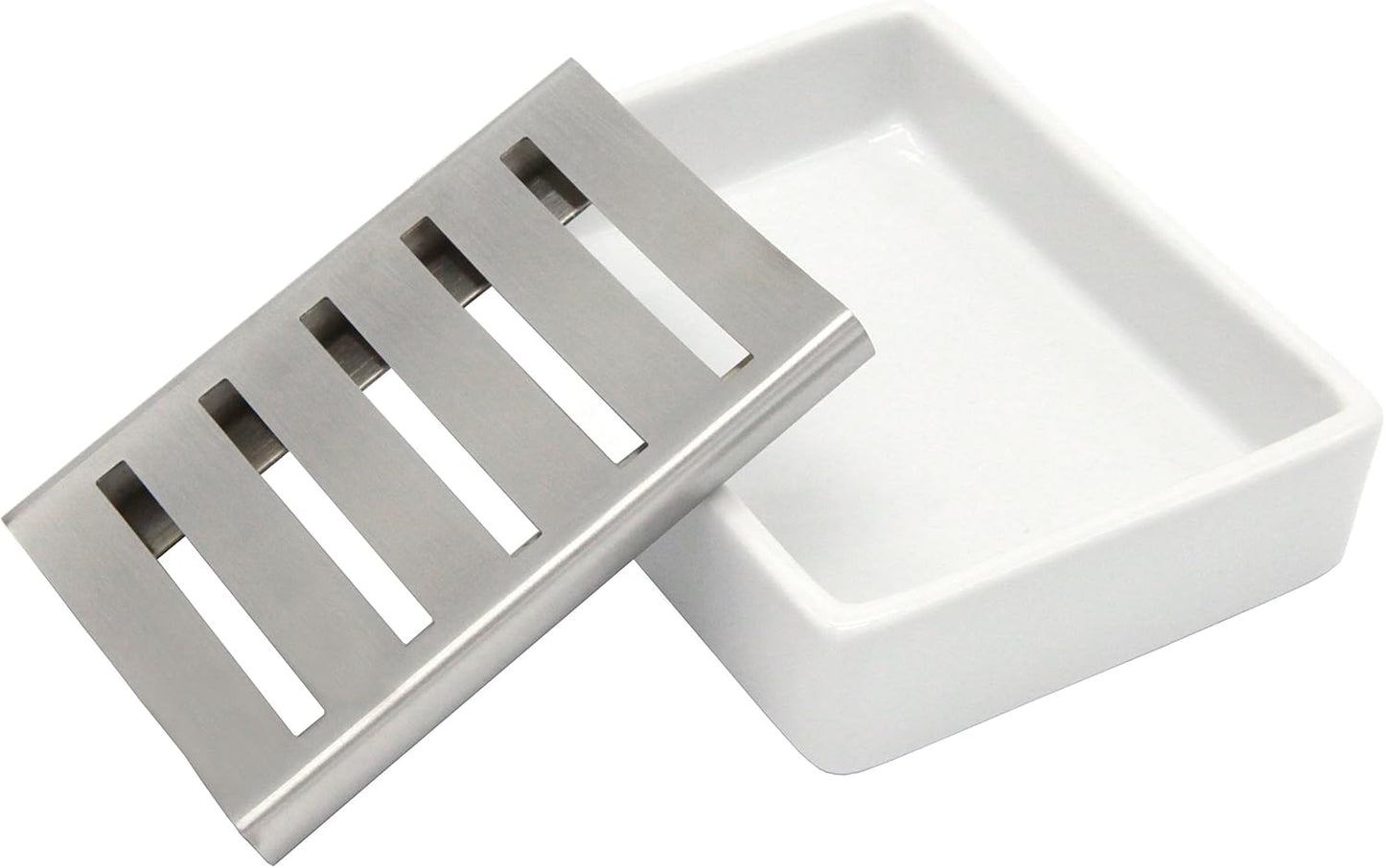 Ceramic Soap Dish Stainless Steel Soap Holder for Bathroom and Shower Double Layer Draining Soap Box