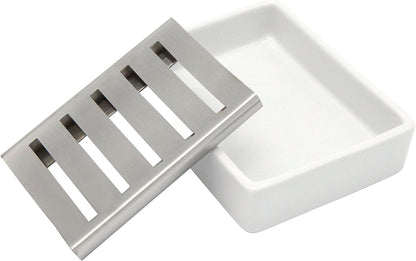 Ceramic Soap Dish Stainless Steel Soap Holder for Bathroom and Shower Double Layer Draining Soap Box