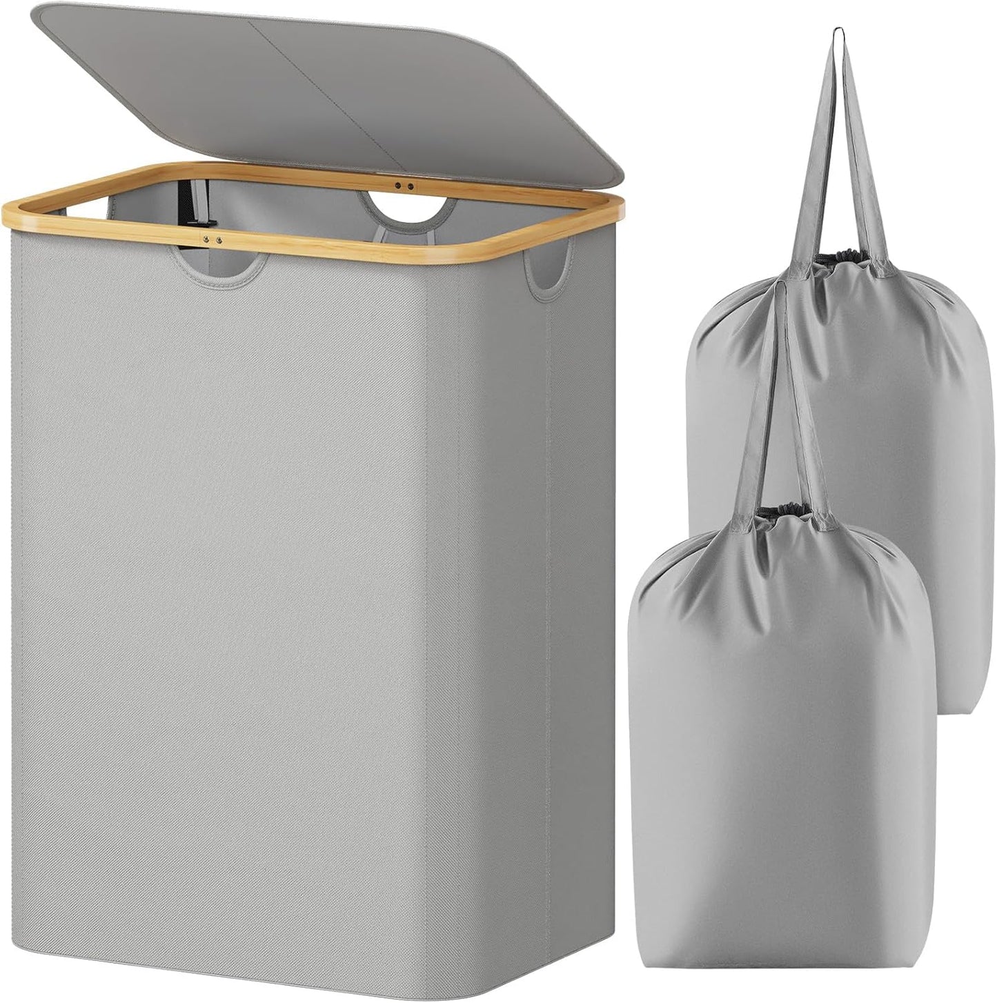 Lifewit 120L Laundry Basket with Lid, Clothes Hampers for Laundry with Bamboo Handles and 2 Removable Bag, Large Foldable Laundry Hamper for Bedroom, Bathroom, Dorm, Laundry Room, Beige