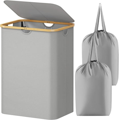 Lifewit 120L Laundry Basket with Lid, Clothes Hampers for Laundry with Bamboo Handles and 2 Removable Bag, Large Foldable Laundry Hamper for Bedroom, Bathroom, Dorm, Laundry Room, Beige