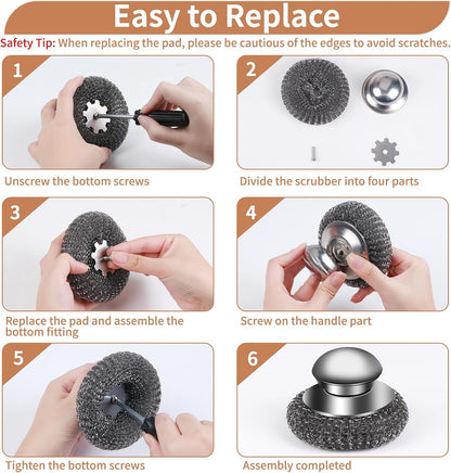 5Pcs Steel Wool Scrubber with Replacement Wire Sponge Pads Set, Stainless Steel Scrubber with Handle for Scouring Stubborn Messes from Cast Iron, Pots, Pans, Grill, Stoves, Sink(1 Scrubber+4 Pads)