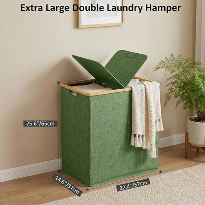 efluky Laundry Hamper with Lid, Trio Laundry Basket with 2 Removable Bags, 3 Section Laundry Bin with Bamboo Handles for Bathroom, Bedroom & Laundry Room, 160L (42.3 Gallon) Beige