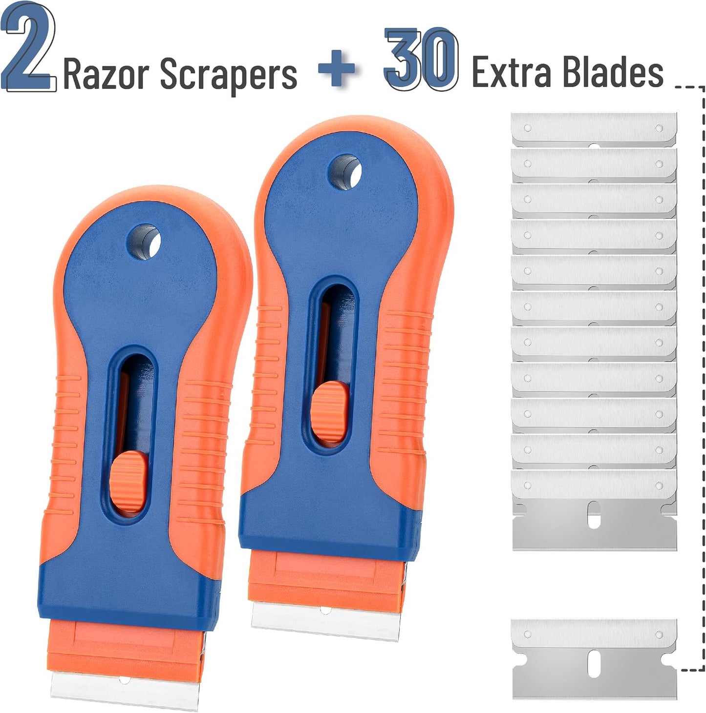 Bates- Razor Blade Scraper Tool, 2 Pack, 30 Extra Stainless Steel Blades, Anti-Slip Ergonomic Handle Design, Razor Scraper Set for Cleaning Window, Paint, Oven, Glass, Stove