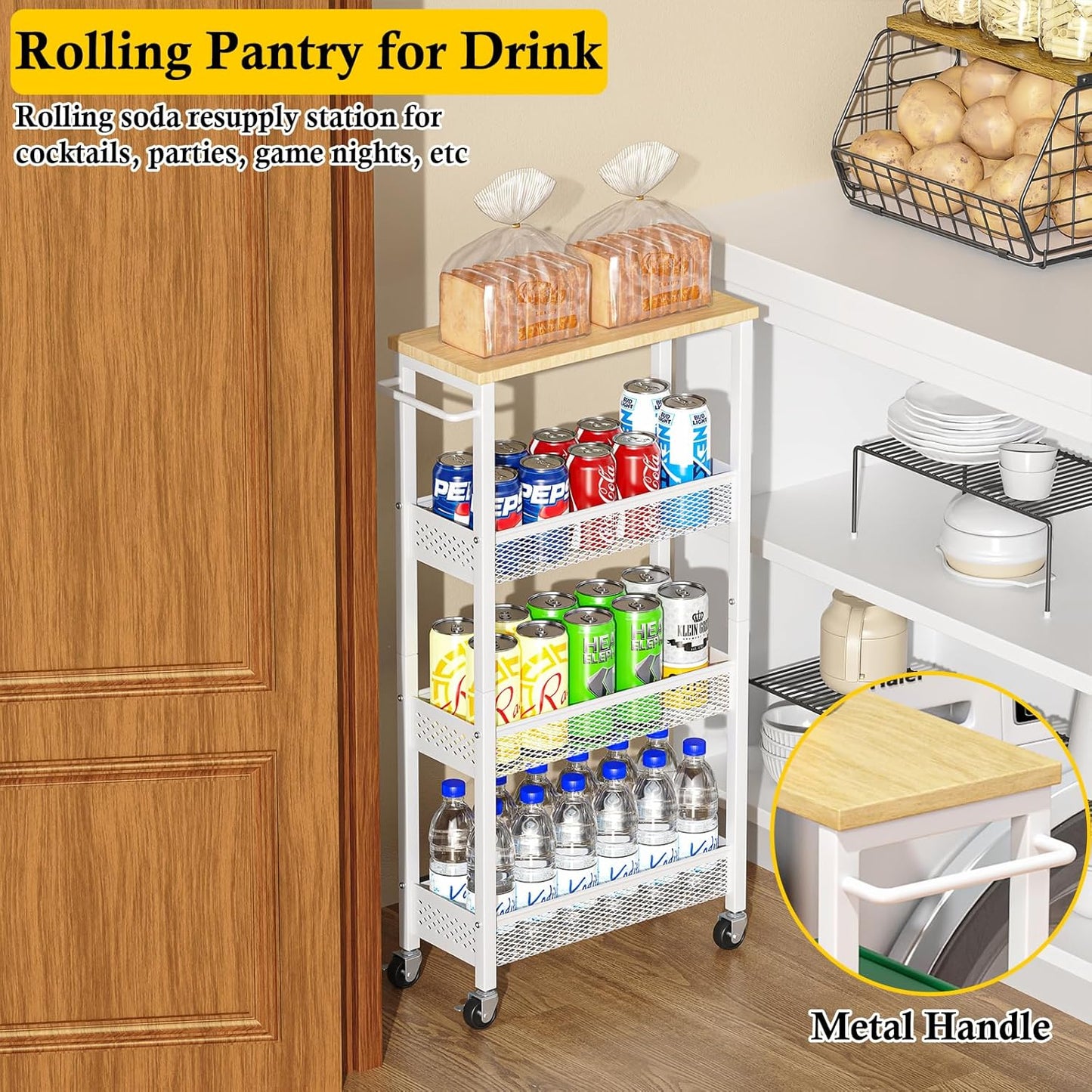OKZEST Utility Slim Storage Cart, 4 Tier Small Rolling Kitchen Laundry Room Cart with Wood Top, Metal Narrow Bathroom Storage Cabinet Mobile Shelf Unit Organizer Trolley with Handle for Narrow Space