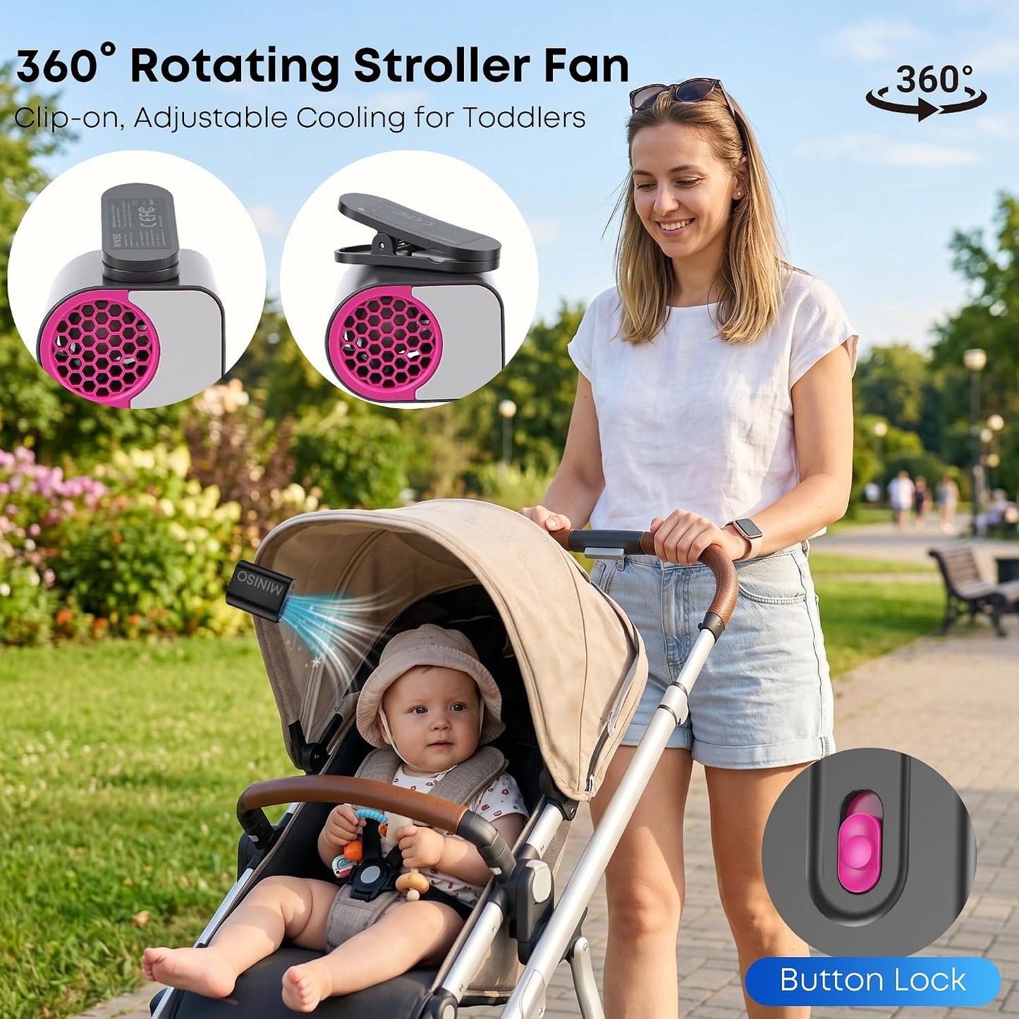 MINISO Clip On Fan Portable, 5-Speed 19500 RPM Strong Airflow Stroller Fan | Personal Fan for Waist & Skirt, Hands-Free Wearable Belt Fan Rechargeable for Travel, Camping, Hiking, Office & Outdoor