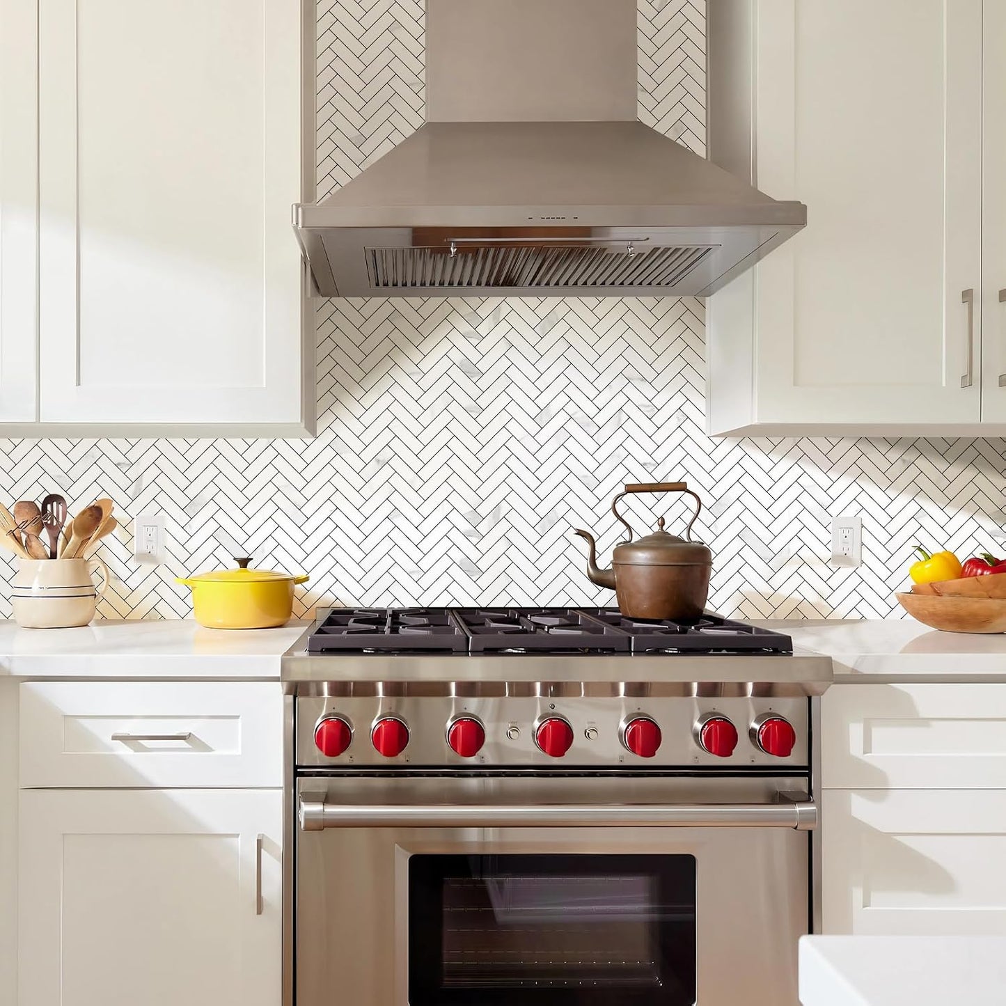 STICKGOO 10 Sheets Herringbone Peel and Stick Backsplash, Stick on Aluminum Composite PVC Kitchen Backsplash, Marble White Mixed Light Grey Look Self Adhesive Wall Tiles