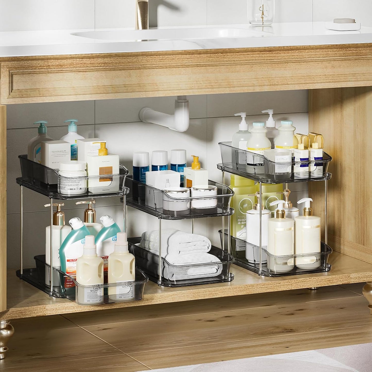 Delamu 2-Tier Under Sink Organizers and Storage, Multi-Purpose Stackable Bathroom Cabinet organizers, Pull Out Kitchen Pantry Organization and Storage with Dividers(2 Pack, Clear)