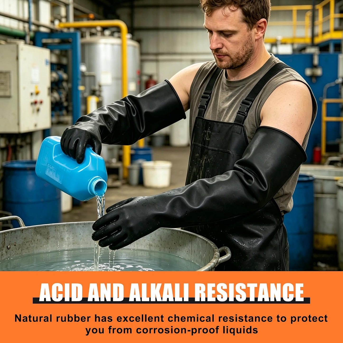 24" Chemical Resistant Glove, Reusable Heavy Duty Long Rubber Gloves, Long Waterproof Dishwashing Gloves, Industrial Safety Gloves for Men