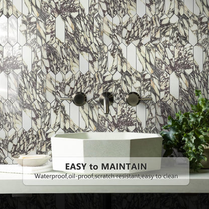 Vamos Tile Glossy Dolomite White Backsplash Tile Peel and Stick, 12.8 x 12.8 Inch 10 Sheets Long Hexagon PVC Self Adhesive Mosaic Wall Tiles Stick on Backsplash for Kitchen and Bathroom